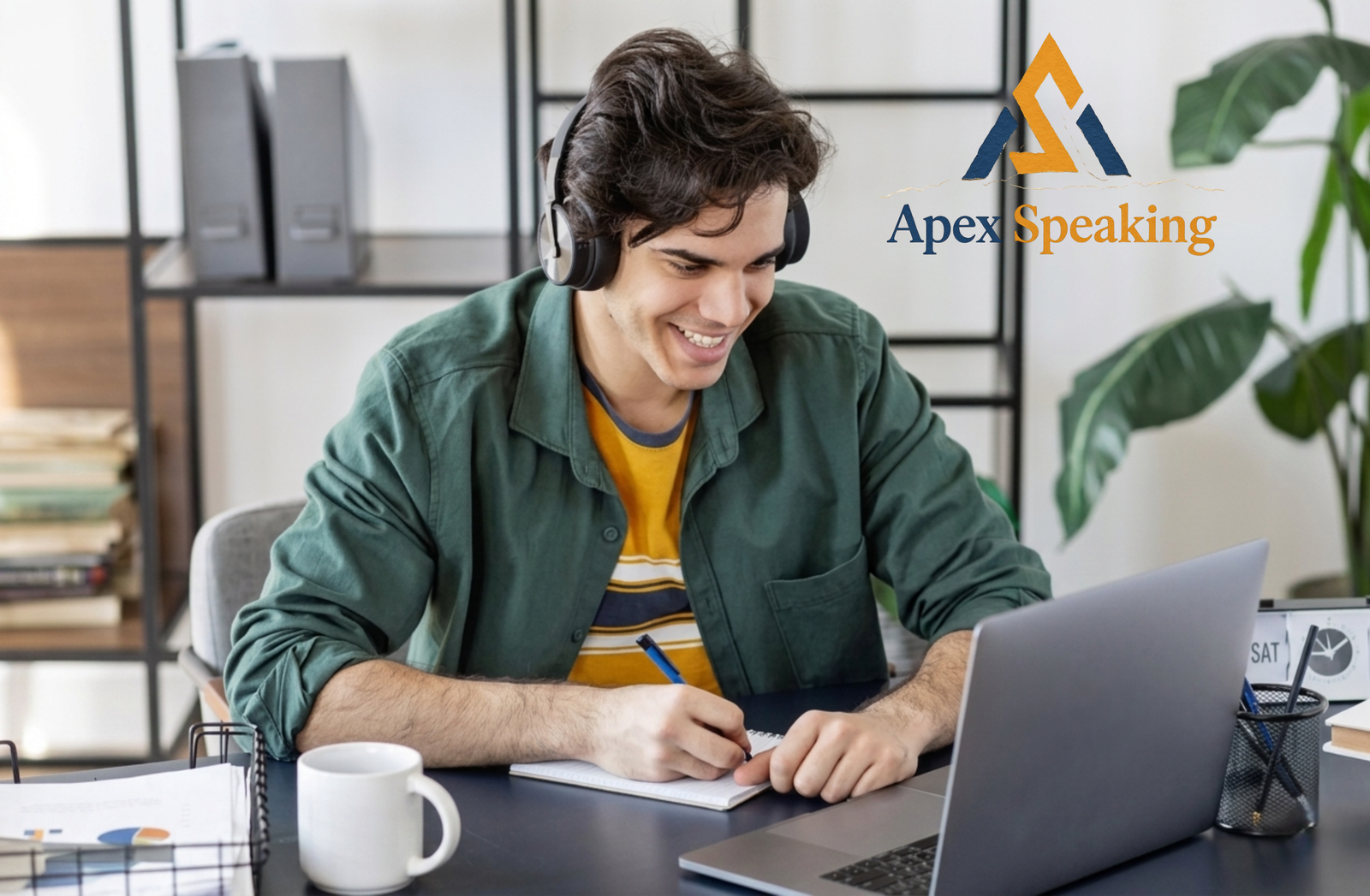 Apex Speaking student learning English online with headphones and laptop