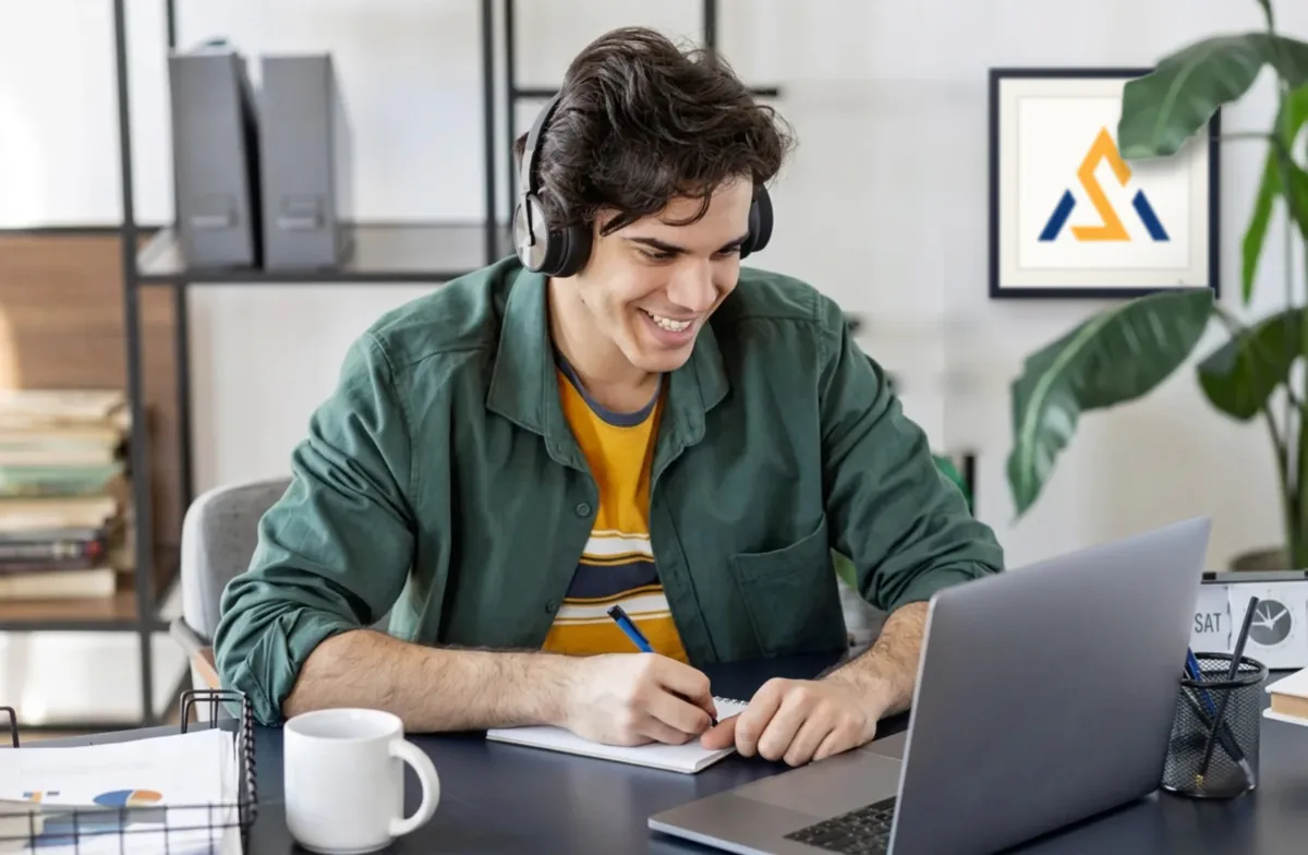 Apex Speaking student learning English online with headphones and laptop
